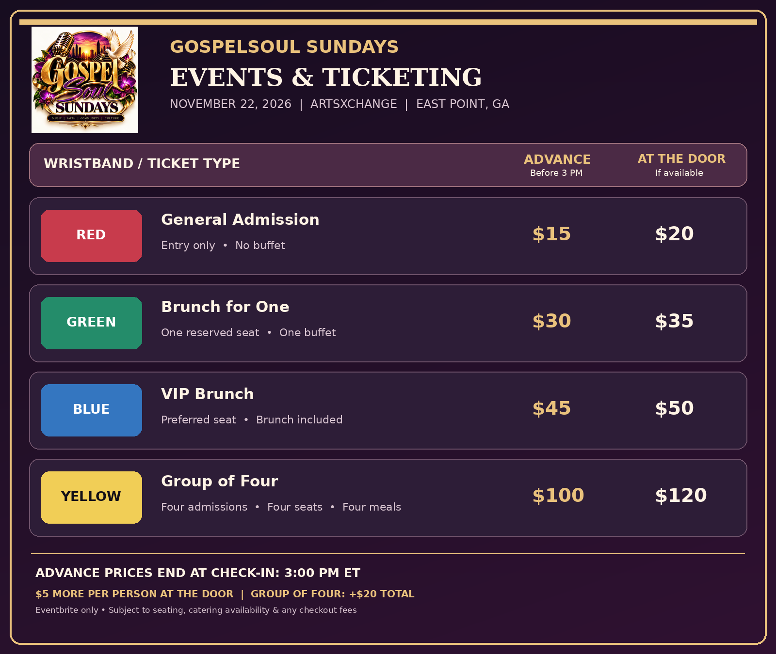 GospelSoul Brunch Sunday wristband chart listing each color, ticket class, meal benefit and price
